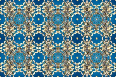 Geleneksel oryantasyon süsü. Klasik raster sarısı, kusursuz desen. Mavi, bej ve altın elementli nötr renklerde kusursuz desen. Klasik vintage arkaplan.