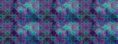 Seamless floral pattern with doodles flowers on violet and blue colors. Raster illustration.