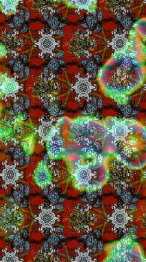 Raster Güzel kumaş deseni. Raster suluboya deseni, narin çiçekler, yeşil ve kahverengi çiçekler, tebrik kartı şablonu..