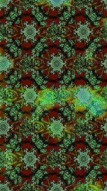 Raster düz çiçek çizim deseni. Hediye ambalaj kağıdı, tebrik kartları, posterler ve pankart tasarımı. Yeşil ve kahverengi renkte çiçekler.