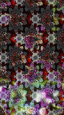 Parlak renkli çiçekleri olan ve gri ve siyah renkte yaprakları olan harika bir çiçek deseni. Moda baskıları için zarif bir şablon. Halk tarzı. Modern çiçek arkaplanı.