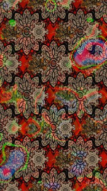 Renkli Bahar Teması eskiz kalıbı. Raster illüstrasyonu. Çiçek desenli çizim. Asya tekstil tarzında. Kahverengi ve bej renkli çiçekler. Düz Çiçek Elementleri Tasarımı.