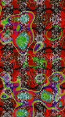 Eskiz arkaplan modeli. Yapraklı çiçekler ve kahverengi ve kırmızı renklerde papatya çiçekleri. Raster - stok.