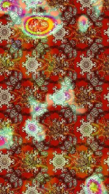 Çok kahverengi ve kırmızı zarif küçük çiçekler ve kahverengi ve kırmızı renkli komik böcekler, raster desen, illüstrasyon.