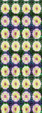 Raster illüstrasyonu. Çiçek desenli çizim. Asya tekstil tarzında. Tarafsız ve yeşil renklerde çiçekler. Raster illüstrasyonu.