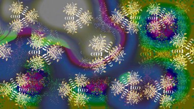 Kumaş desenli papatya çiçeği detayı. Yeşil ve mavi renkte çiçekler.