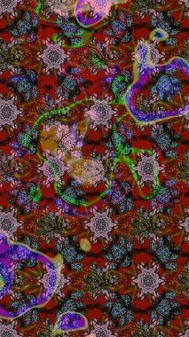 Çiçeksel elementlerle süslenmiş zarif raster dokusu. Küçük çiçekte hoş bir çiçek deseni var. Parlak çiçekli kahverengi ve kırmızı renkler üzerine soyut çizim deseni.