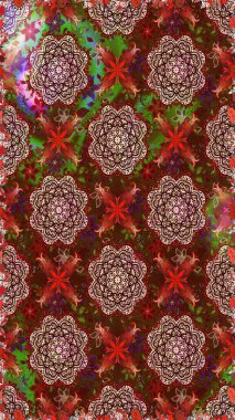 Asya tekstil tarzında. Düz Çiçek Elementleri Tasarımı. Kahverengi ve kırmızı renkte çiçekler. Kusursuz çiçek deseni. Renkli Bahar Temalı Kusursuz Arkaplan. Raster illüstrasyonu.