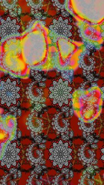 Suluboya elle çizilmiş çiçek desenli eskiz deseni. Parlak renkli fantezi çiçekleri, yapraklar, gri ve kahverengi renkli tomurcuklar, gri ve kahverengi.