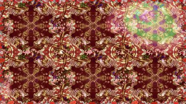 Kumaş desenli papatya çiçeği detayı. Kahverengi ve kırmızı renkte çiçekler.