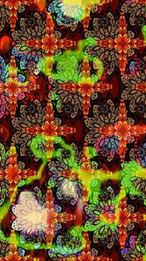 Moda baskıları için zarif bir şablon. Modern çiçek arkaplanı. Parlak renkli çiçekleri ve siyah ve kahverengi renkte yaprakları olan harika bir çiçek deseni. Halk stili.