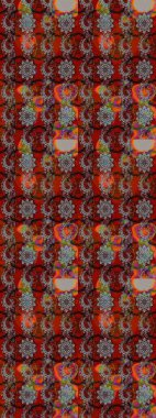 Kumaş, tekstil, duvar kağıdı baskısı için. Eskiz geçmişi. Renkli desenli eskiz deseni, kahverengi ve kırmızı çiçekler ve dekoratif elementler. Eski usul. Raster illüstrasyonu.