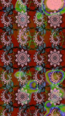 Raster pattern. Raster illustration. Gentle, spring floral on brown and red colors. Exploding flowers abstractly placed.
