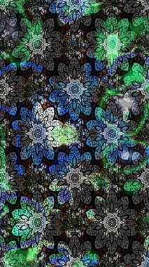 Çiçeksel çizim kalıbının yansıması. Vadinin gri ve siyah renkli çiçekleri.