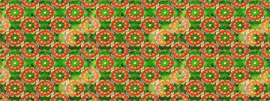 Yeşil ve turuncu renkli çiçekler. Düz Çiçek Elementleri Tasarımı. Renkli Yaz Temalı eskiz kalıbı. Raster illüstrasyonunda çiçek deseni çizimi.