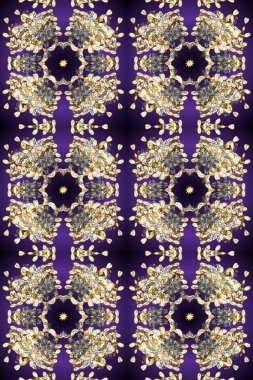 Golden pattern on violet, beige and gray colors with golden elements. Backdrop, fabric, gold wallpaper. Flat hand drawn vintage collection. Raster golden seamless pattern.