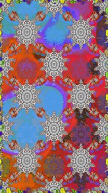 Asya tekstil tarzında. Kusursuz çiçek deseni. Raster illüstrasyonu. Gri ve mavi renkte çiçekler. Raster illüstrasyonu.