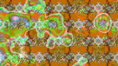 Raster Çiçek İllüstrasyonu güzel tekstil. Kahverengi ve yeşil renkli etnik çiçeklerle zarif bir eskiz deseni..