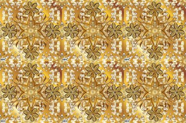 Doğu tarzında klasik tasarım öğesi. Duvar kâğıdı için altın süslü bir illüstrasyon. Geleneksel Arap dekoru bej, sarı kahverengi renkler. Dantelli iz sürücü. Çiçekli süslemeli, pürüzsüz bir desen..