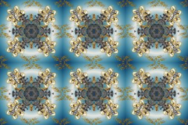 Klasik klasik klasik arka plan. Mavi, gri ve nötr renklerde altın elementlerle kusursuz desen. Klasik raster sarısı, kusursuz desen. Geleneksel oryantasyon süsü.
