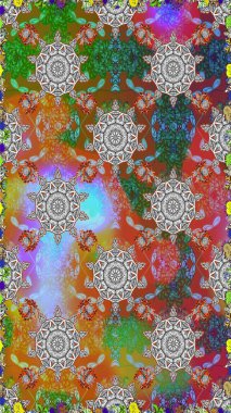 Kusursuz bir geçmişi var. Kumaş, tekstil, duvar kağıdı baskısı için. Renkli desenli, gri ve kahverengi çiçekli ve dekoratif elementli kusursuz desen. Eski usul. Raster illüstrasyonu.