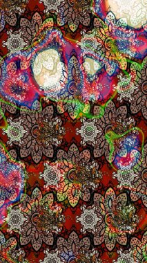 Patlayan çiçekler soyut olarak yerleştirilmiş. Raster illüstrasyonu. Raster deseni. Kahverengi ve bej renklerde bahar çiçekleri.