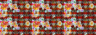 Çok renkli ve gri zarif küçük çiçekler ve kırmızı ve gri renkli komik böcekler, raster desen, illüstrasyon.