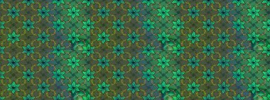 Yeşil ve mavi renkli Asya tekstili. Raster illüstrasyonu. Çiçek desenini çiz.