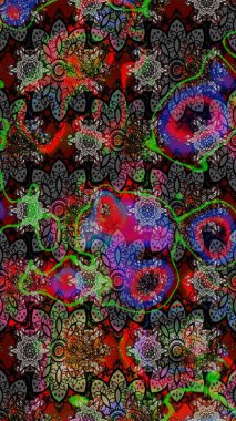 Siyah ve gri renklere karalamalar çizilmiş çiçek deseni. Raster illüstrasyonu.