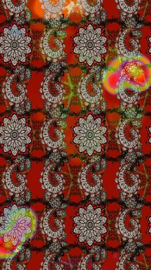 Suluboya çiçekli çiçek deseni. Kahverengi ve kırmızı renklerde Asya tekstili. Raster illüstrasyonu.