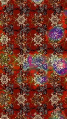 Renkli Bahar Teması eskiz kalıbı. Düz Çiçek Elementleri Tasarımı. Raster Modaya uygun kumaş deseni. Kahverengi ve kırmızı renkli şirin çiçek deseni.