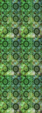 Kusursuz kraliyet lüksü, altın barok kumaş rengi. Altın antika ortaçağ dekoratifi, yapraklar ve yeşil ve gri renkte altın desenli süslemeleri olan pürüzsüz bir desen..