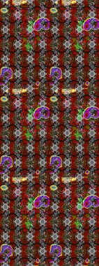 Gri ve kırmızı renklerde Asya tekstili. Raster illüstrasyonu. Çiçek desenini çiz.