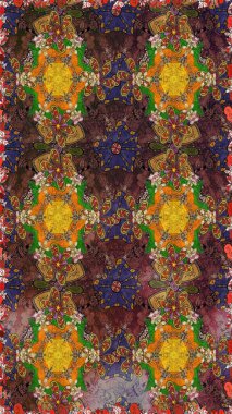 Kahverengi ve yeşil renkte güzel çiçekler, suluboya desenli, duvar kağıdı, kart veya kumaş için fayanslı eskizler. Raster..