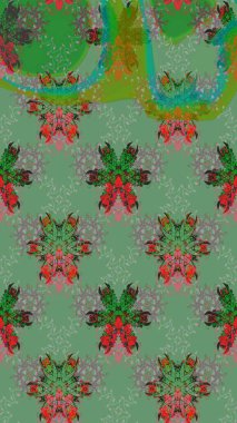 Yeşil ve gri renkte yaz çiçekleri. Raster illüstrasyonu. Raster çiçek desenli ve çiçekli..