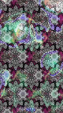 Raster illüstrasyonu. Düz Çiçek Elementleri Tasarımı. Çiçek desenli çizim. Güzel kumaş deseni. Asya tekstil tarzında. Renkli Bahar Teması çizim şablonu.