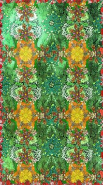 Raster çiçekleri klasik tarzda çizilmiş. Raster illüstrasyonu. Yumuşak, yeşil ve nötr renklerde bahar çiçekleri. Çiçekli, pürüzsüz desen.