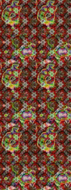 Sketch flowers pattern. Raster illustration. In asian textile style. Raster illustration. Flowers on red and brown colors.