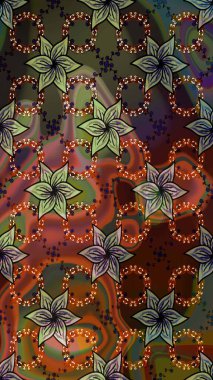 Çiçekli el çizimi çizimi deseni. Modern gelişim kahverengi ve yeşil raster arkaplan duvar kağıdı resimleme klasik çizgili iz sürme desenli çiçekler, çiçekli süsler.