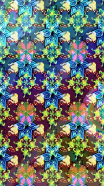 Çok mavi ve yeşil zarif küçük çiçekler ve mavi ve yeşil renkli komik böcekler, raster desen, illüstrasyon.