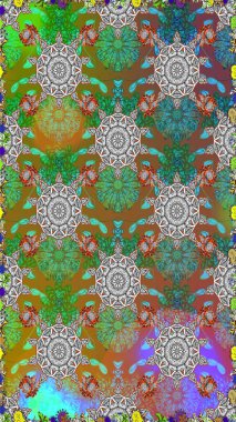 Küçük çiçekte hoş bir çiçek deseni var. Çiçeksel elementlerle süslenmiş zarif raster dokusu. Yeşil ve kahverengi renkler ve parlak çiçekler üzerinde soyut, pürüzsüz desen.