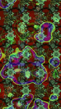 1950-1960 motifleri. Retro tekstil tasarım koleksiyonu. Yeşil ve kırmızı, yeşil ve kırmızı üzerine. El çizimi çiçek unsurları olan soyut çizim raster deseni. Çiçekli ipek eşarp..