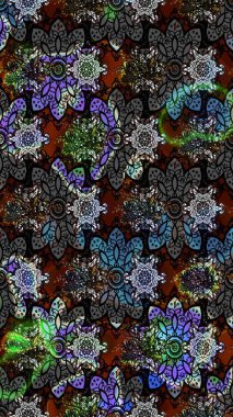 Süslü kumaş deseni. Renkli Bahar Teması eskiz kalıbı. Raster illüstrasyonundaki çiçek desenli çizim. Düz Çiçek Elementleri Tasarımı.