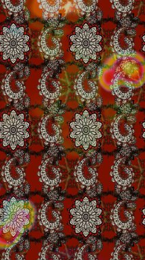 Raster illüstrasyonu. Suluboya çiçekli çiçek deseni. Kahverengi ve kırmızı renklerde Asya tekstili.