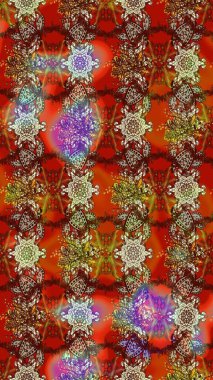 Çiçeksel çizim kalıbının yansıması. Vadinin çiçekleri kahverengi ve kırmızı renklerde.