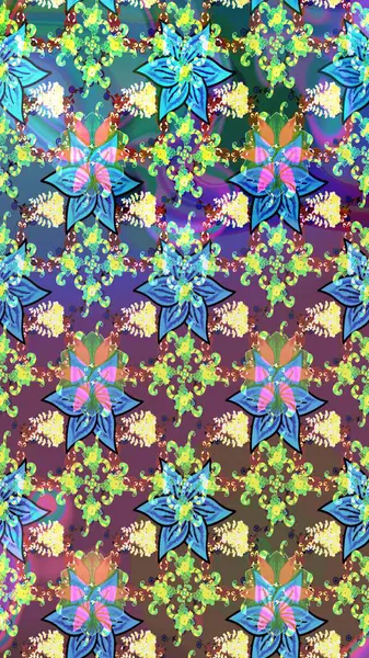 Parlak renkli çiçekleri olan ve mavi ve kahverengi renkli yaprakları olan harika bir çiçek deseni. Modern çiçek arkaplanı. Moda baskıları için zarif bir şablon. Halk stili.