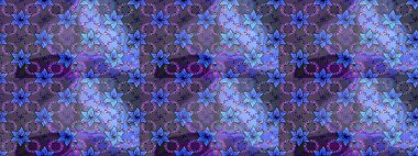 Maviler ve menekşeler üzerindeki etnik çiçeklerle kusursuz bir desen. Raster Çiçek İllüstrasyon Şirin Tekstil.