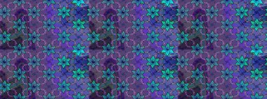 Renkli Bahar Temalı Kusursuz Arkaplan. Düz Çiçek Elementleri Tasarımı. Mor ve mavi renkte çiçekler. Güzel çiçek deseni..