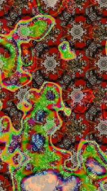 Çok kahverengi ve kırmızı zarif küçük çiçekler ve kahverengi ve kırmızı renkli komik böcekler, raster desen, illüstrasyon.