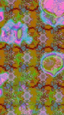 Raster illüstrasyonu. Çiçekli karalama şeklinde Raster çiçek deseni. Yeşil ve kahverengi renkte yaz çiçekleri..